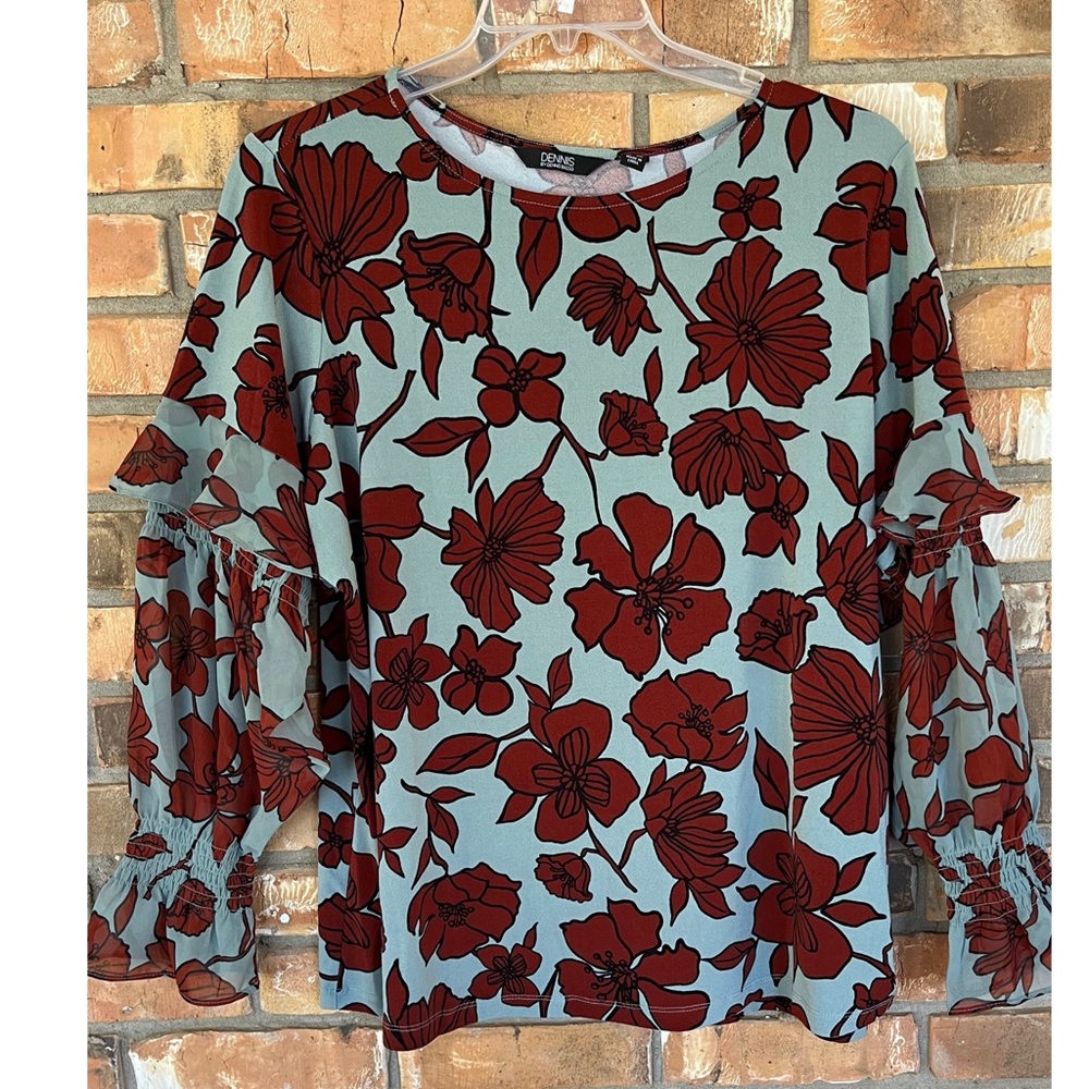 Dennis Basso Women’s Printed Caviar Crepe Ruffled Top With Chiffon Sleeves 1X